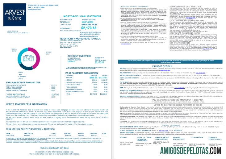 Extrato de empréstimo hipotecário do USA Arvest Bank em formatos Word e PDF, 4 páginas 1 2 baixar para verificação